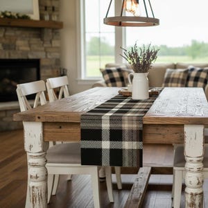 Rustic Black Brown Plaid Table Runner, Faux Linen Farmhouse Decor, Machine Washable Table Runner, Modern Lodge Table Accent