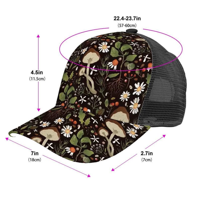 Mushroom and Floral Trucker Hat Custom Nature Hat Black Background Hat with Mushrooms Personalized Festival Hat Boho Forest Hat for Women image 6