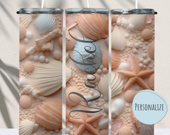 Personalized 3D Sea Shell Tumbler, Sea Shell Tumbler Gift, Custom Sea Shell Cup With Straw, Seashell Tumbler, Coastal Grandma Skinny Tumbler