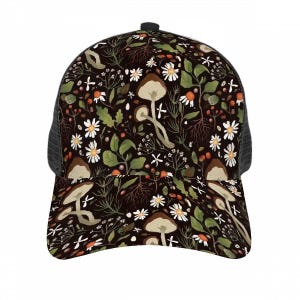 Mushroom and Floral Trucker Hat Custom Nature Hat Black Background Hat with Mushrooms Personalized Festival Hat Boho Forest Hat for Women image 5