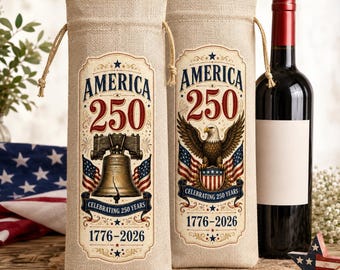America 250 Wine Bag, Patriotic Burlap Wine Gift Bag, 1776 2026 Bottle Bag, Fourth of July Hostess Gift, USA Party Decor