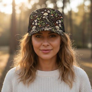Mushroom and Floral Trucker Hat Custom Nature Hat Black Background Hat with Mushrooms Personalized Festival Hat Boho Forest Hat for Women image 3