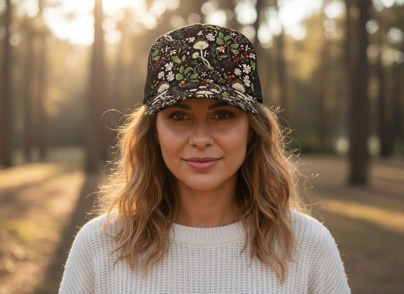 Mushroom and Floral Trucker Hat Custom Nature Hat Black Background Hat with Mushrooms Personalized Festival Hat Boho Forest Hat for Women image 3
