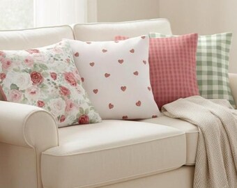 Set of 4 Floral and Gingham Throw Pillow Covers – 12" to 20" Sizes – Spring Cottagecore & Valentine Decor – No Inserts
