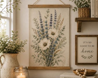 Farmhouse Wildflower Wall Hanging, Linen Botanical Banner, Rustic Cottagecore Floral Wall Decor, Neutral Blue Flower Hanging Art