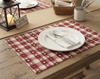 Rustic Red Heart Plaid Placemat – Reversible Farmhouse Table Decor, Country Kitchen Valentine’s Gift, Double-Sided Red Checkered Dining Mat