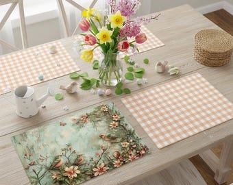 Reversible Cottagecore Placemats Set of 4 or 6 – Vintage Bird Floral & Peach Gingham Farmhouse Table Decor – Spring Easter Dining Mats
