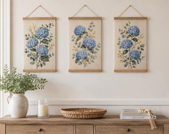 Blue Hydrangea Linen Wall Hanging, Botanical Floral Tapestry, Farmhouse Wall Decor, Cottagecore Fabric Banner, Coastal Garden Wall Art