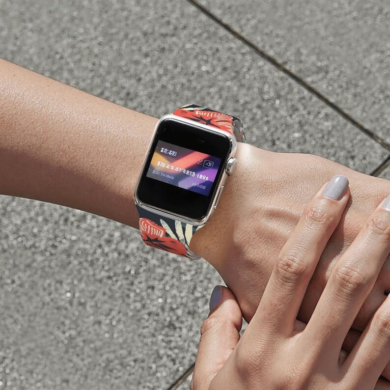 Tropical Floral Watch Band – Silicone Strap Compatible with Apple Watch 38/40/42/44mm Colorful Hibiscus Print Gift for Her image 9