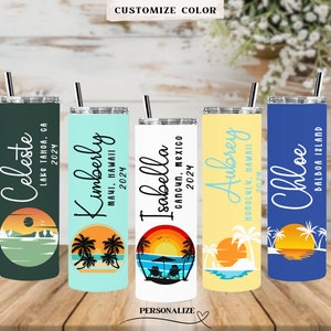 Customizable Vacation Tumbler, Personalized Name Travel Mug, Custom Beach Theme Tumbler, Tropical Sunset Vacation Cup