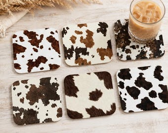 Cow Print Coaster Set of 6 Farmhouse Western Home Decor Housewarming Gift Kitchen Accessory Rustic Table Decor Country Ranch House Cowboy