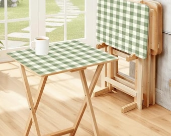 Green Gingham Folding TV Tray Table Set – Wooden Snack Tables with Farmhouse Print