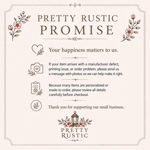text and icons related to a promise made by a small business. The text includes a promise to help customers with their items, a promise to review all details carefully, and a promise to thank customers for supporting the business. The image also includes a heart, a camera, and a lantern, which are symbols commonly associated with promises and personal connections.