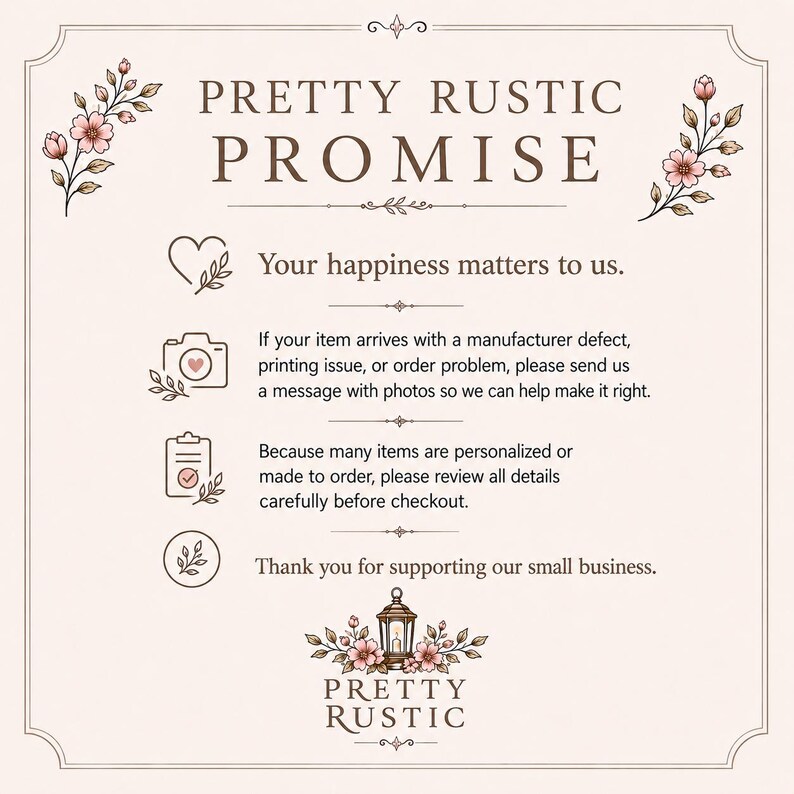 text and icons related to a promise made by a small business. The text includes a promise to help customers with their items, a promise to review all details carefully, and a promise to thank customers for supporting the business. The image also includes a heart, a camera, and a lantern, which are symbols commonly associated with promises and personal connections.