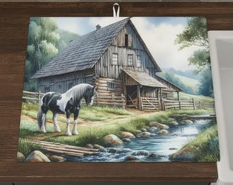Rustic Horse Barn Drying Mat – Reversible Absorbent Kitchen Protector, Microfiber and Sponge, Farmhouse Counter Pad
