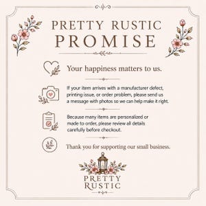 text and icons related to a promise made by a small business. The text includes a promise to help customers with their items, a promise to review all details carefully, and a promise to thank customers for supporting the business. The image also includes a heart, a camera, and a lantern, which are symbols commonly associated with promises and personal connections.