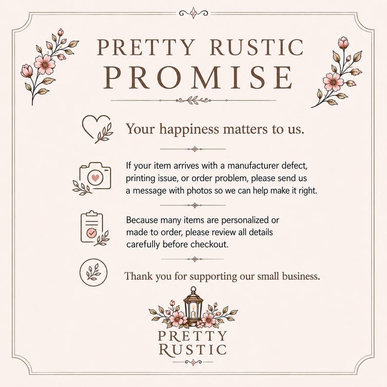 text and icons related to a promise made by a small business. The text includes a promise to help customers with their items, a promise to review all details carefully, and a promise to thank customers for supporting the business. The image also includes a heart, a camera, and a lantern, which are symbols commonly associated with promises and personal connections.