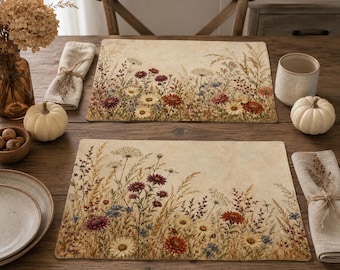 Reversible Autumn Wildflower Placemats, Vintage Fall Floral Placemats, Farmhouse Table Decor, Autumn Meadow Dining Mats, Thanksgiving Decor