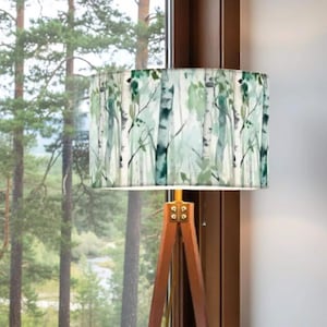 Birch Tree Forest Tripod Floor Lamp Shade, Watercolor Woodland Drum Lamp, Nature Inspired Living Room Bedroom Decor