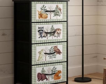 Woodland Animal 4-Drawer Dresser | Green Gingham Forestcore Storage | Cute Nursery Dresser with Animals | Soft Close Fabric Drawers