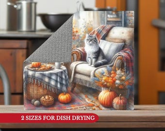Cat Dish Drying Mat | Autumn Pumpkin Kitchen Decor | Cozy Fall Cat & Plaid Coffee Bar Counter Protector | Absorbent Dish Mat 2 Sizes