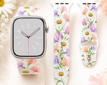 April Birth Flower Watch Band, Daisy Sweet Pea Floral Watch Strap, April Birthday Gift for Her, Botanical Flower Watch Band
