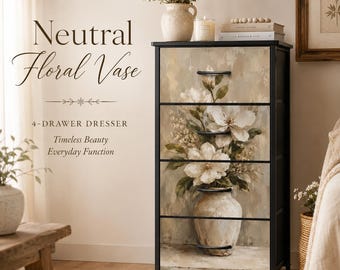 Neutral Floral Vase 4 Drawer Dresser, Cottage Flower Storage Dresser, Vintage Floral Fabric Drawer Chest, Bedroom Organizer Cabinet