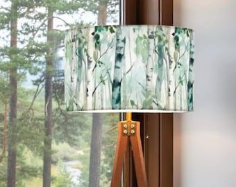 Birch Tree Forest Tripod Floor Lamp Shade, Watercolor Woodland Drum Lamp, Nature Inspired Living Room Bedroom Decor