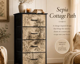Sepia Cottage Path 4 Drawer Dresser, Vintage Botanical Storage Dresser, Cottagecore Fabric Drawer Chest, Bedroom Organizer Cabinet