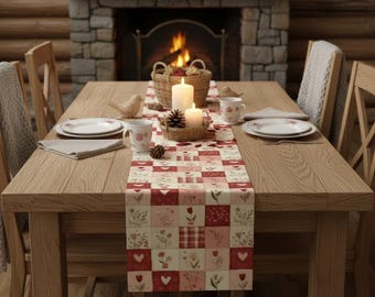Red Patchwork Heart Table Runner – Rustic Farmhouse Faux Linen Runner for Dining Table, Valentine’s Decor, Cottagecore Kitchen Decor