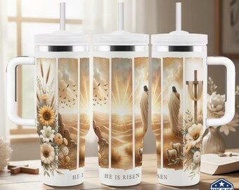 Christian 40oz Tumbler with Handle – He Is Risen Easter Cup, Jesus Sunrise Travel Mug, Insulated Stainless Steel Christian Gift, Made in USA
