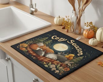 Cozy Season Dish Drying Mat – Woodland Fall Kitchen Decor, Cottagecore Animal Dish Mat, Autumn Counter Protector, 2 Sizes