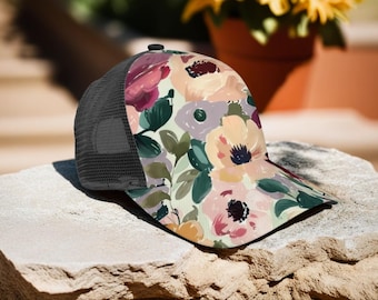 Brush Stroke Style Floral Trucker Hat Baseball Flower Hat for Women Personalized Summer Hat Artistic Floral Mesh Hat Custom Garden Party Hat