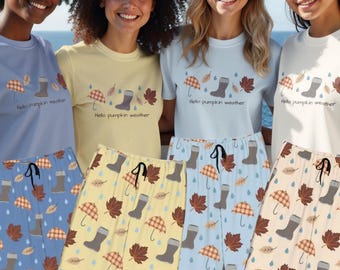 Autumn Weather Pajamas with T Shirt Sweatshirt Long Sleeve Fall Loungewear Autumn Rain PJs Cozy Matching Pajama Bottoms Women Men