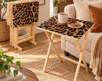 Leopard Print TV Tray Table Set of 4, Folding Wooden Snack Tables with Storage Rack, Animal Print Side Table, Safari Home Decor