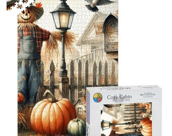 Cozy Cabin Fall Puzzle | 300 500 1000 Piece Autumn Jigsaw | Scarecrow, Pumpkins, Rustic Fence | Fall Family Activity or Gift