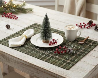 Pine Forest Tartan Double‑Sided Holiday Placemat Set of 4 or 6 18"x12" Reversible Christmas Table Mats