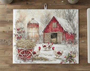 Winter Farm Dish Drying Mat – Red Barn with Cows or Chickens – 16x18" or 20x24", Rustic Christmas Kitchen Decor
