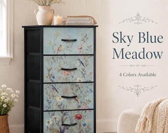 Floral Bird 4 Drawer Dresser, Botanical Storage Dresser, Wildflower Fabric Drawer Chest, Bedroom Organizer, Cottage Nursery Storage Cabinet