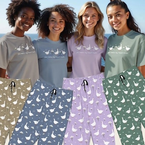May include: Four short-sleeved t-shirts in beige, blue, lavender, and sage green, each featuring a white goose graphic and the text 'you make my heart honk'. Below are four pairs of matching lounge pants with a repeating white goose pattern.