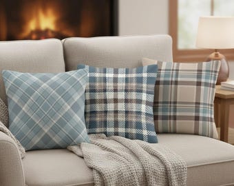 Set of 4 Plaid Pillow Covers – Rustic Farmhouse Cabin Decor – Blue & Brown Throw Cushion Covers – 12” to 20” Sizes – No Inserts