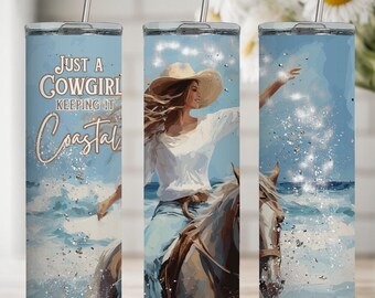 Personalized Coastal Cowgirl Tumbler, Beach Tumbler Gift, Custom Cowgirl Cup With Straw, Cowgirl Tumbler, Coastal Cowgirl Skinny Tumbler