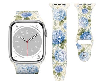 Blue Hydrangea Floral Watch Band, Compatible with Apple Watch Strap, Botanical Flower Watch Band, Gift for Her, Spring Summer Watch Strap