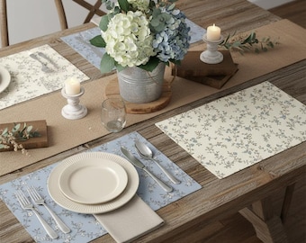 Reversible Floral Placemats Set of 4 or 6 – Blue & Cream Cottagecore Table Mats, Heat Resistant Linen Look Placemats, Farmhouse Table Decor