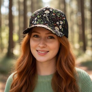 Mushroom and Floral Trucker Hat Custom Nature Hat Black Background Hat with Mushrooms Personalized Festival Hat Boho Forest Hat for Women image 2