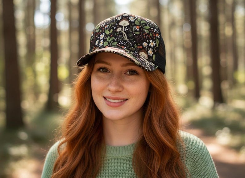 Mushroom and Floral Trucker Hat Custom Nature Hat Black Background Hat with Mushrooms Personalized Festival Hat Boho Forest Hat for Women image 2