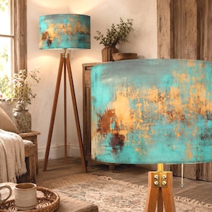 Turquoise Rustic Floor Lamp Farmhouse Tripod Lamp Wooden Base LED Remote Lamp Teal Copper Lampshade Western Cabin Decor