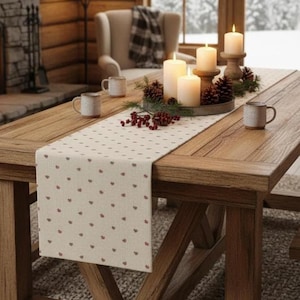 Beige Heart Dot Table Runner – Country Cottagecore Table Decor – 72" Linen Look Polyester Runner – Rustic Valentine Spring Accent