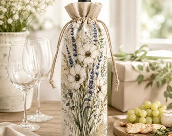 Floral Wine Bag, Rustic Linen Wine Bottle Gift Bag, Wildflower Wine Tote, Cottagecore Hostess Gift, Farmhouse Wine Gift Wrap