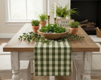 Green Gingham Table Runner, Farmhouse St. Patrick’s Day Decor, Spring Checkered Runner, Country Kitchen Dining Table Decor